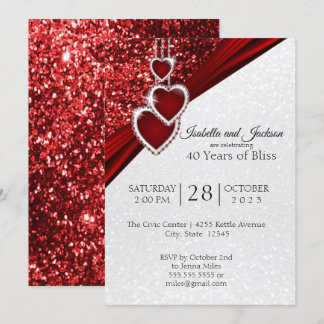 Elegant 40th Ruby Red Glitter Anniversary Design Invitation