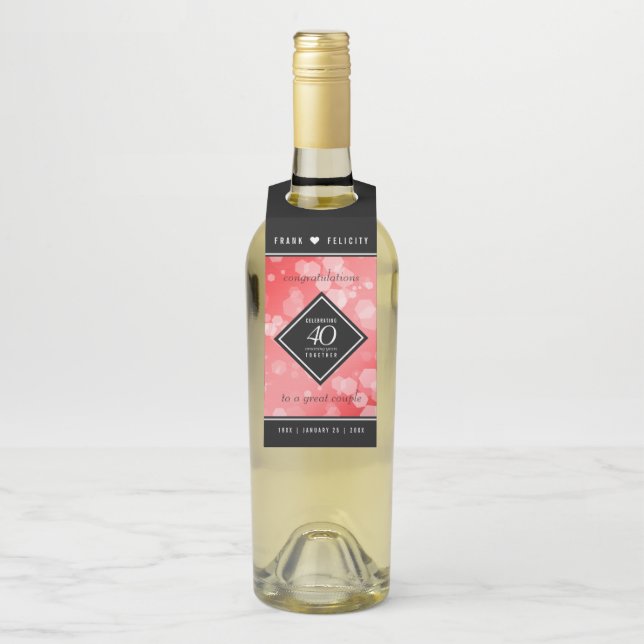 Elegant 40th Ruby Wedding Anniversary Celebration Bottle Tag (On Bottle)
