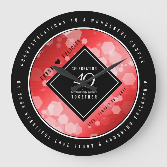 Elegant 40th Ruby Wedding Anniversary Celebration Large Clock (Front)