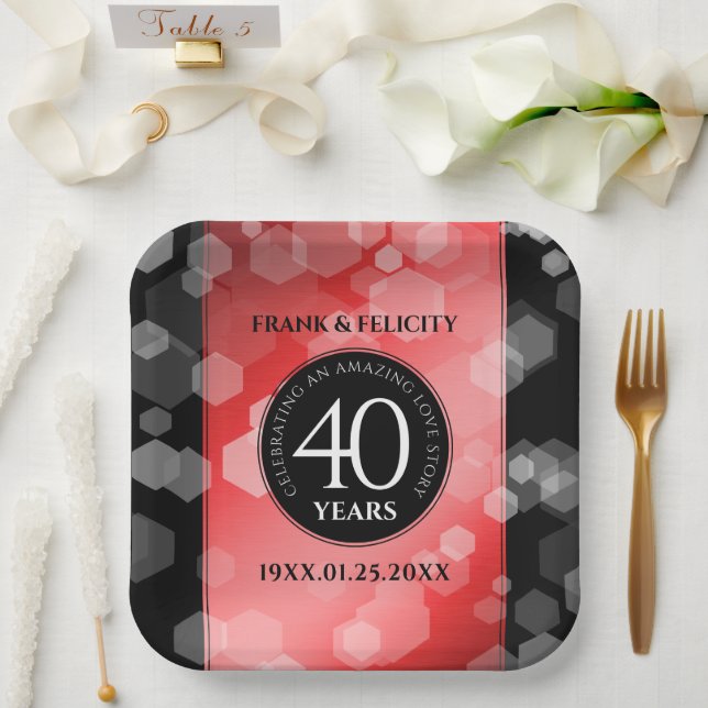 Elegant 40th Ruby Wedding Anniversary Celebration Paper Plate (Wedding)