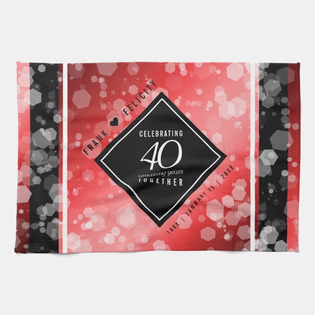 Elegant 40th Ruby Wedding Anniversary Celebration Tea Towel (Horizontal)