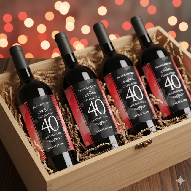 Elegant 40th Ruby Wedding Anniversary Celebration Wine Label (40th Ruby Wedding Anniversary Wine/Liquor Drink Label Cover Photo)