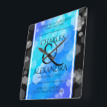 Elegant 41st Blue Topaz Wedding Anniversary Square Wall Clock<br><div class="desc">Celebrate the 41st wedding anniversary with this commemorative clock! Elegant black serif lettering with hexagonal confetti on a cerulean blue background edged by black bars add a memorable touch for this special occasion and extraordinary milestone. Customise with the happy couple's names, and add dates for their blue topaz anniversary. Personalised...</div>