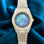 Elegant 41st Blue Topaz Wedding Anniversary Watch<br><div class="desc">Celebrate the 41st wedding anniversary with this commemorative watch! Elegant black and white serif lettering with hexagonal confetti on a cerulean blue background add a memorable touch for this special occasion and extraordinary milestone. Customize with the couple's names or initials, and add a date for their blue topaz anniversary. Design...</div>