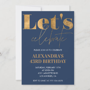 Elegant 43rd birthday invitations Navy Blue Gold 
