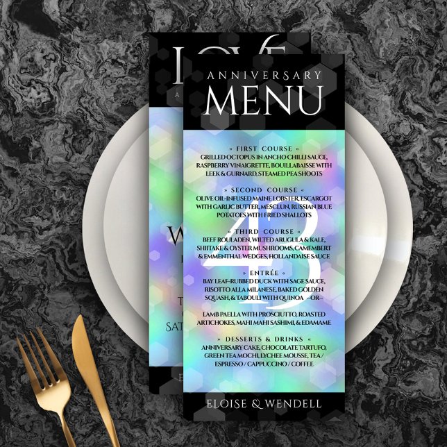 Elegant 43rd Opal Wedding Anniversary Celebration Menu (Elegant 43rd Opal Wedding Anniversary Menu Rack Card Cover Photo.)