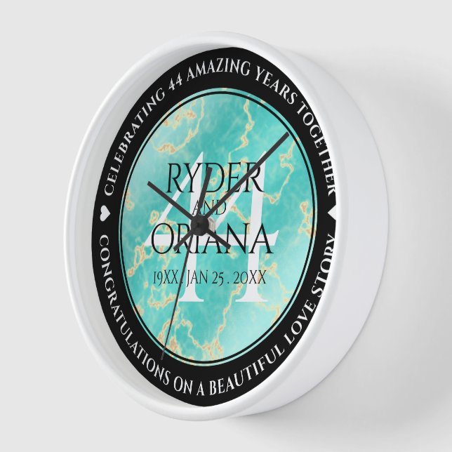 Elegant 44th Turquoise Wedding Anniversary Clock (Angle)