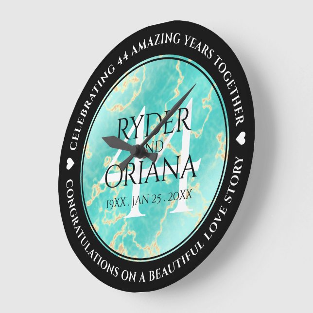 Elegant 44th Turquoise Wedding Anniversary Large Clock (Angle)