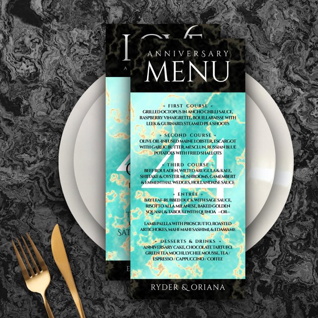 Elegant 44th Turquoise Wedding Anniversary Menu (Elegant 44th Turquoise Wedding Anniversary Menu Rack Card Cover Photo.)