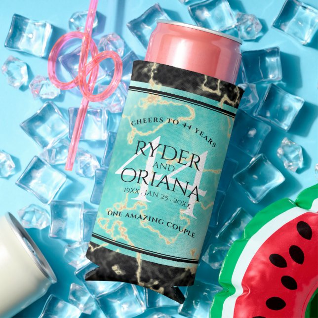 Elegant 44th Turquoise Wedding Anniversary Seltzer Can Cooler (In Situ Summer)