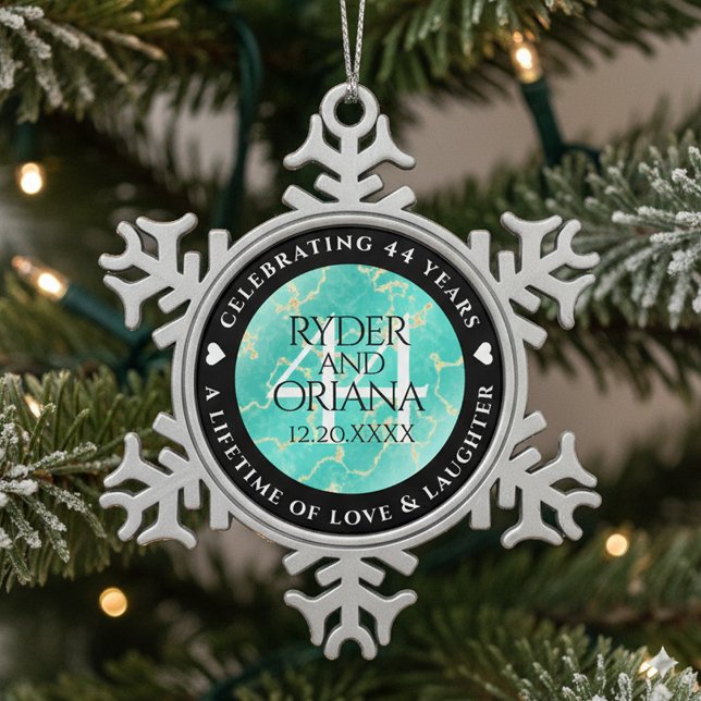 Elegant 44th Turquoise Wedding Anniversary Snowflake Pewter Christmas Ornament (44th Turquoise Wedding Anniversary Snowflake Pewter Ornament Cover Photo)