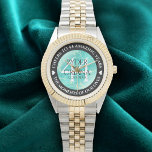 Elegant 44th Turquoise Wedding Anniversary Watch<br><div class="desc">Celebrate the 44th turquoise wedding anniversary with this commemorative watch! Elegant lettering on a yellow marble and greenish blue background add a memorable touch for this special occasion and extraordinary milestone. Customize with couple's names,  dates of marriage,  and congratulatory messages.

Design © W.H. Sim. See more at zazzle.com/expressionsoccasions</div>