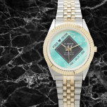 Elegant 44th Turquoise Wedding Anniversary Watch<br><div class="desc">Celebrate the 44th turquoise wedding anniversary and a love that stands the test of time with this stylish watch! Elegant black and white lettering on a yellow marble and greenish blue background add a memorable touch for this special occasion and extraordinary milestone. Personalise with the couple's names and years of...</div>