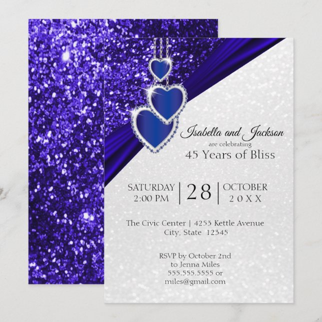 Elegant 45th or 65th Sapphire Glitter Anniversary Invitation (Front/Back)