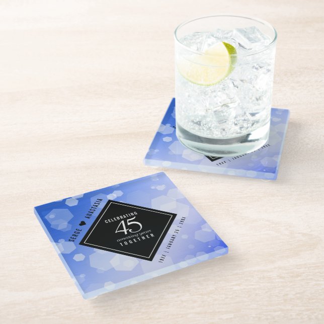 Elegant 45th Sapphire Wedding Anniversary Glass Coaster (Angled)