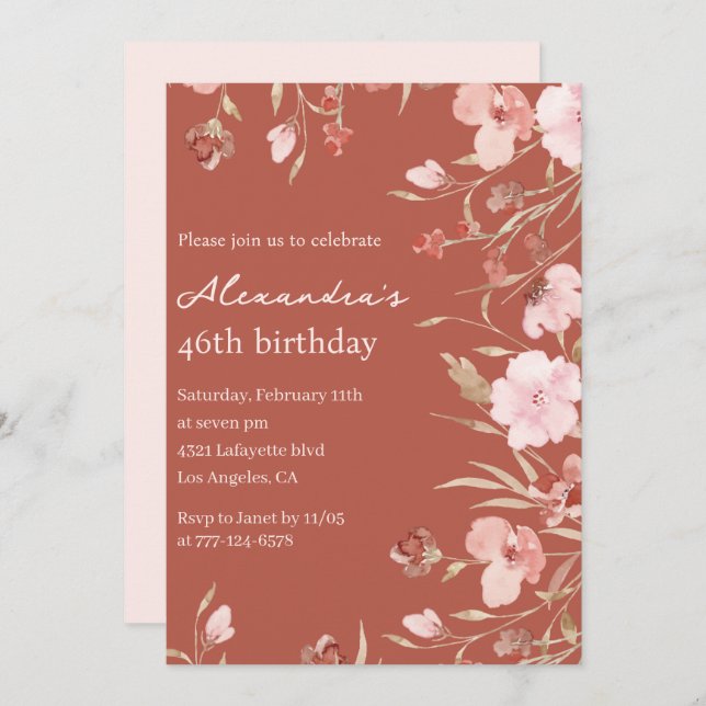 Elegant 46th birthday invitations Floral Chic  (Front/Back)