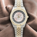 Elegant 46th Pearl Wedding Anniversary Celebration Watch<br><div class="desc">Celebrate the 46th pearl wedding anniversary with this commemorative watch! Elegant lettering with pearls on a pearlescent pink background add a memorable touch for this special occasion and extraordinary milestone. Customise with couple's names,  dates of marriage,  and congratulatory messages.

Design © W.H. Sim. See more at zazzle.com/expressionsoccasions</div>