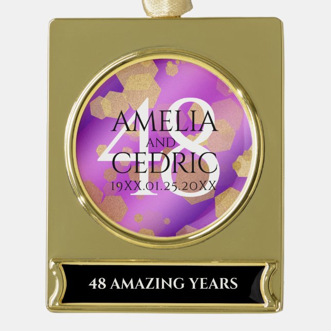 Elegant 48th Amethyst Wedding Anniversary Gold Plated Banner Ornament (Front)