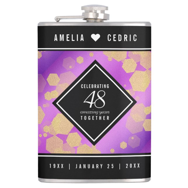 Elegant 48th Amethyst Wedding Anniversary Hip Flask (Front)