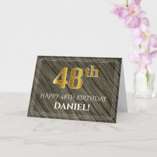 Elegant 48th Birthday: Faux Wood, Faux Gold Look Card