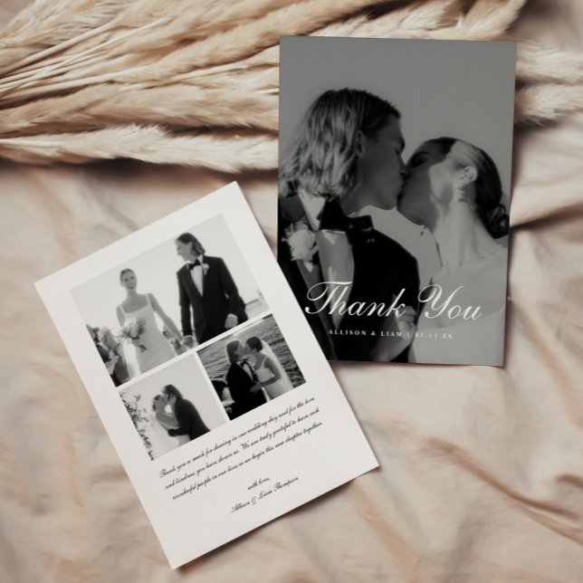 Elegant 4-Photo Black & White Script Wedding Thank You Card (Creator Uploaded)