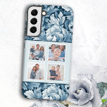 Elegant 4-Photo Blue Vintage Floral Samsung Galaxy Case<br><div class="desc">This elegant design features a four-photo square template with white borders on a monochrome blue vintage-inspired background pattern of intricate leaves and blooms.</div>