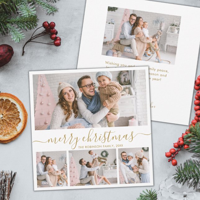 Elegant 4 Photo Collage Gold Script Christmas Holiday Card (Creator Uploaded)