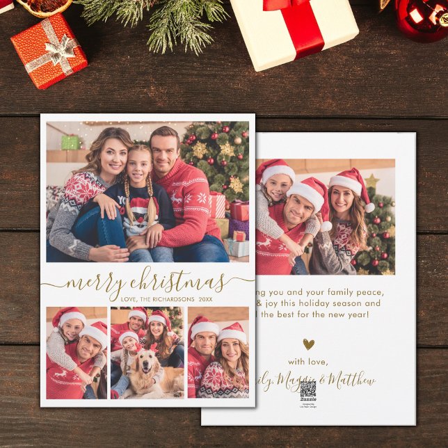 Elegant 4 Photo Collage Gold Script Christmas  Holiday Card (Creator Uploaded)