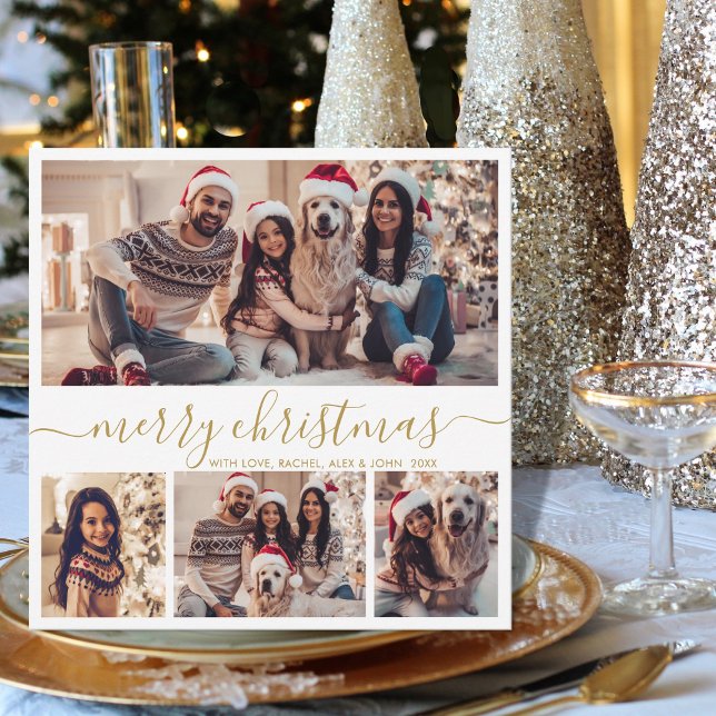 Elegant 4 Photo Collage Gold Script Christmas Holiday Card (Creator Uploaded)