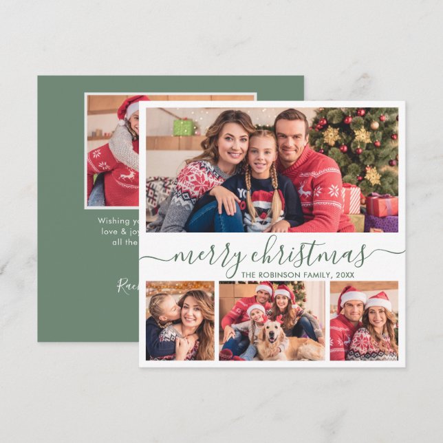 Elegant 4 Photo Collage Green Script Christmas Holiday Card (Front/Back)