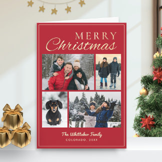 Elegant 4 Photo Collage Merry Christmas Red Gold Holiday Card