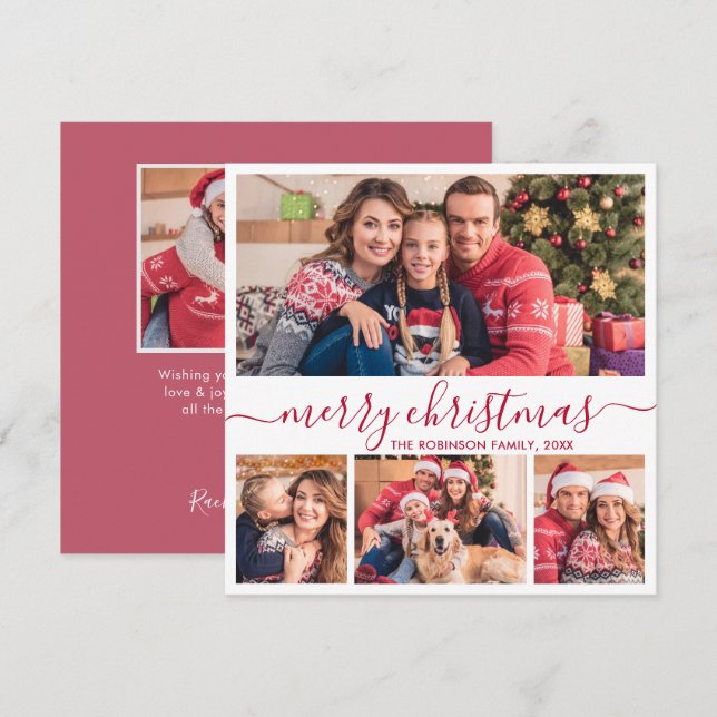 Elegant 4 Photo Collage Red Script Christmas Holiday Card (Front/Back)