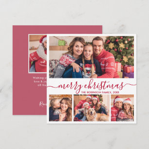 Elegant 4 Photo Collage Red Script Christmas Holiday Card