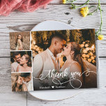 Elegant 4 Photo Collage Wedding Thank You Card<br><div class="desc">Modern, Elegant Hand Lettered Wedding four (4) Photo Collage Thank You card. Stylish wedding thank you card template featuring 4 photo on the front and one photo on the back. With the text "Thank you" in a swirly hand lettered typography script overlay with swashes in white colour. Little heart between...</div>