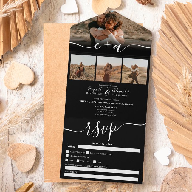 Elegant 4 Photos black white modern script wedding All In One Invitation (Creator Uploaded)