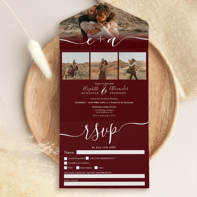 Elegant 4 Photos burgundy modern script wedding All In One Invitation (Creator Uploaded)