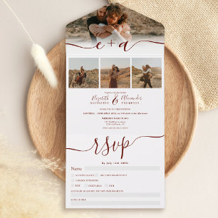 Elegant 4 Photos burgundy modern script wedding All In One Invitation