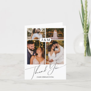 elegant 4 photos collage monogram wedding thank you card
