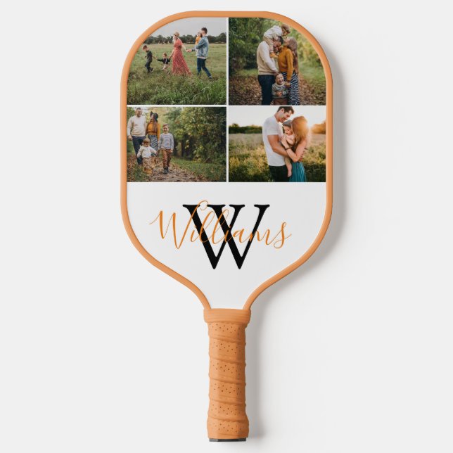 elegant 4 photos family collage monogram name  pickleball paddle (Front)