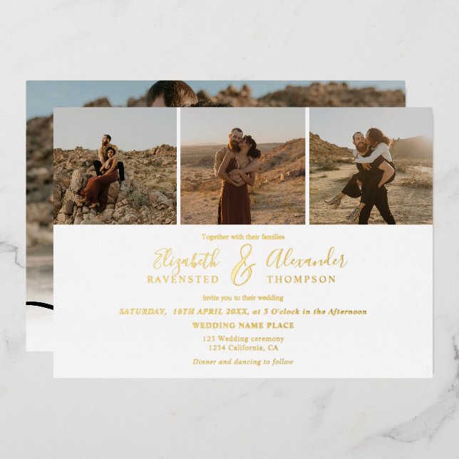 Elegant 4 Photos modern script wedding black white (Front/Back)