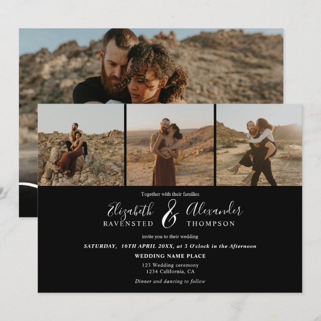 Elegant 4 Photos modern script wedding white black Invitation (Front/Back)