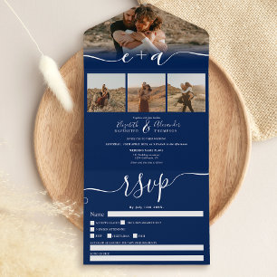 Elegant 4 Photos navy blue modern script wedding All In One Invitation
