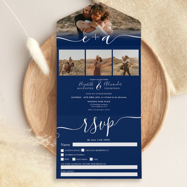 Elegant 4 Photos navy blue modern script wedding All In One Invitation (Creator Uploaded)