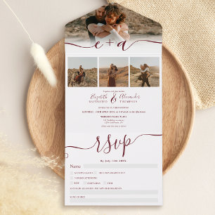 Elegant 4 Photos red white modern script wedding All In One Invitation
