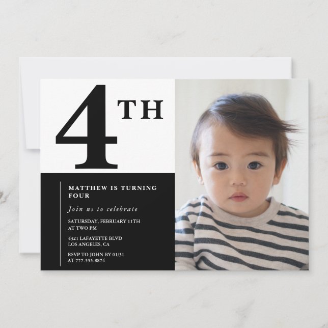 Elegant 4th birthday invitation Black Chic Modern  (Front)