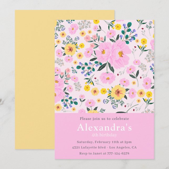 Elegant 4th birthday invitations Floral Chic (Front/Back)