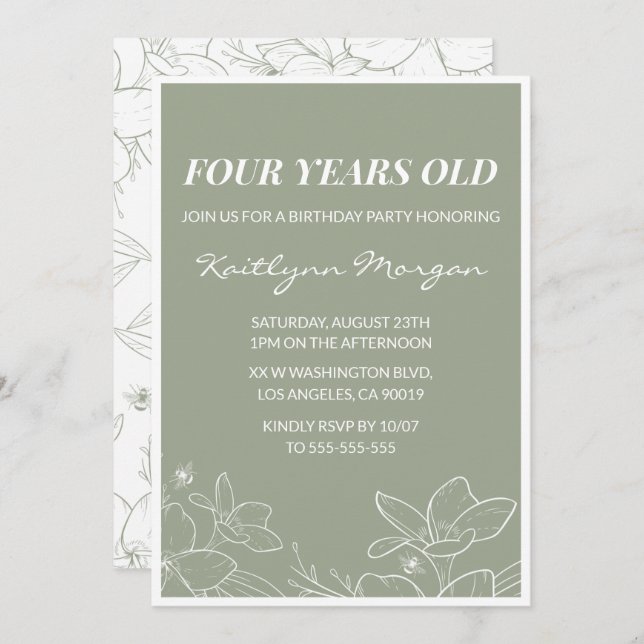 Elegant 4th birthday invitations Floral Green (Front/Back)