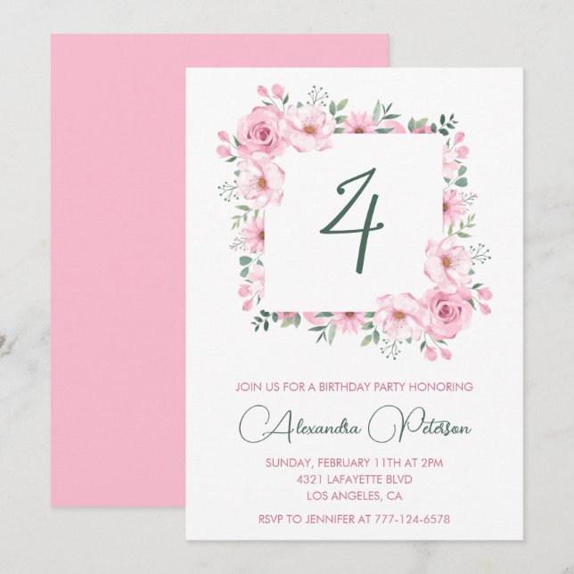 Elegant 4th birthday invitations Floral  Pink (Front/Back)