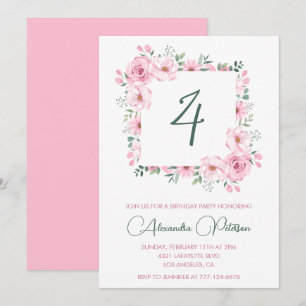 Elegant 4th birthday invitations Floral Pink