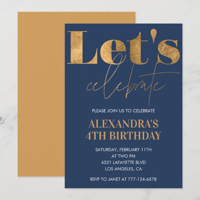 Elegant 4th birthday invitations Navy Gold  (Front/Back)